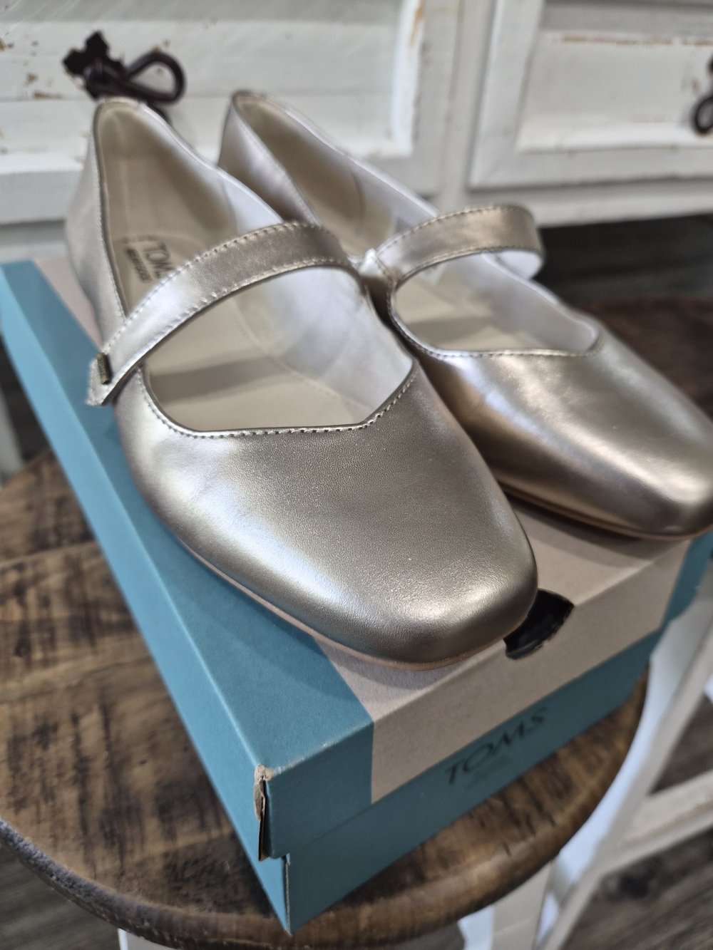 TOMS Bianca Light Gold Metallic Leather Mary Jane Flats